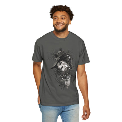 Plague Doctor Graphic T-Shirt — Dark Gothic Mask Illustration